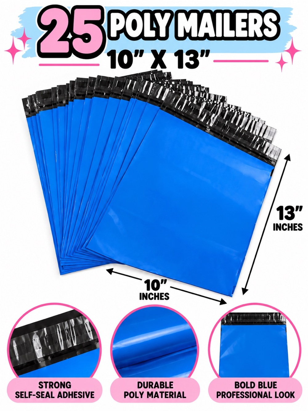 25 Blue Poly Mailers 10x13 Self Seal Shipping Bags Packaging